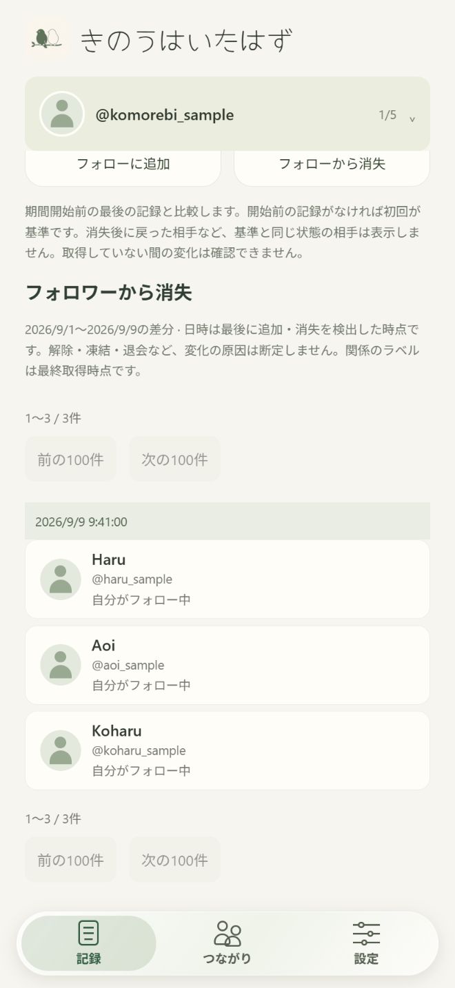 フォロワーから消失した相手を記録日時とともに表示する画面